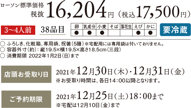 ローソン標準価格 税抜16,204円(税込 17,500円) 3〜4人前 38品目