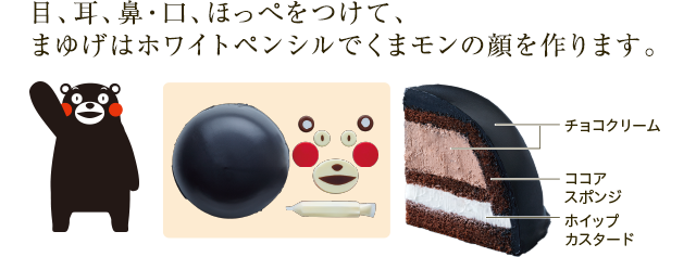 目、耳、鼻・口、ほっぺをつけて、まゆげはホワイトペンシルでくまモンの顔を作ります。