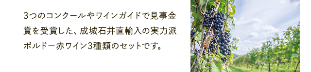 3つのコンクールやワインガイドで見事金賞を受賞した、成城石井直輸入の実力派ボルドー赤ワイン3種類のセットです。