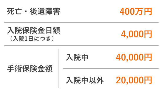 死亡・後遺障害:400万円 入院保険金日額（入院1日につき）:4,000円 手術保険金額（入院中）:40,000円 手術保険金額（入院中以外）:20,000円