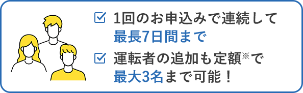 1回のお申込みで連続して最長7日間まで 運転者の追加も定額※で最大3名まで可能！