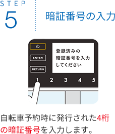 STEP5 暗証番号の入力 自転車予約時に発行された4桁の暗証番号を入力します。