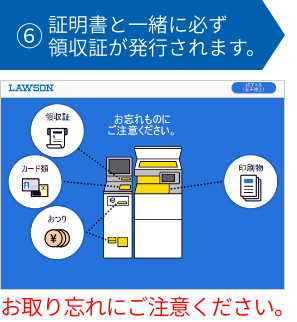 ⑥証明書と一緒に必ず領収証が発行されます。 お取り忘れにご注意ください。