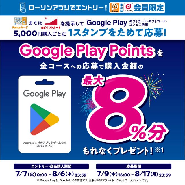 最大8％分の Google Play Points がもれなくもらえるキャンペーン実施中！