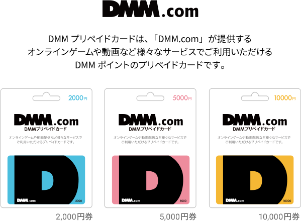 DMMプリペイドカードは、「DMM.com」が提供するオンラインゲームや動画など様々なサービスでご利用いただけるDMMポイントのプリペイドカードです。